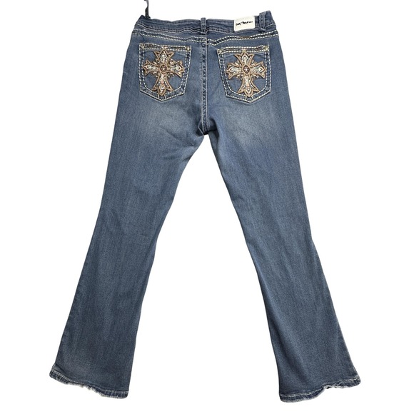 Sexy Couture Jeans Womens 13 Blue Bootcut Distressed Embroidered Cross Pockets - Picture 1 of 16